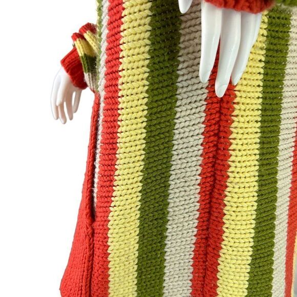 1970's Handknit Striped Dress with Big Kangaroo Front Pocket, Yellow, Green, Red - Picture 3 of 10